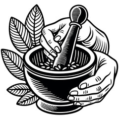 Fototapeta premium Vintage Hand Engraved Illustration of Mortar and Pestle with Medicinal Herbs