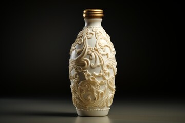 Ornate white ceramic bottle featuring elaborate baroque style gold filigree patterns