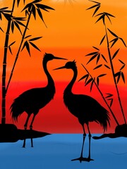 Birds Silhouette on Tree Branch with Large Sun Background