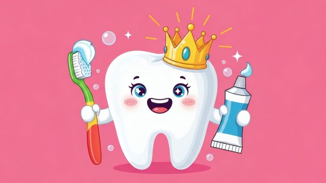 Cartoon Tooth Character with Crown and Hygiene Tools.