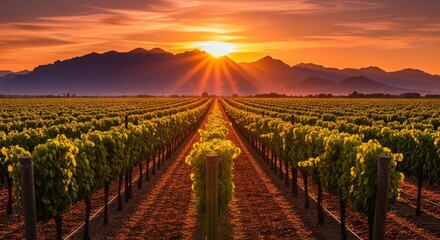 Fototapeta premium Golden Sunset Over Lush Vineyard Rows with Distant Mountains.