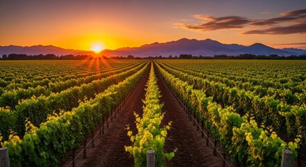 Naklejka premium Golden Sunset Over Lush Vineyard Rows in a Serene Valley Landscape.