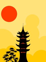Ancient Pagoda Silhouette under Full Moon and Clouds, Night Landscape Illustration