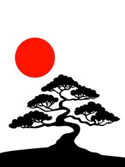 Ancient Pagoda Silhouette under Full Moon and Clouds, Night Landscape Illustration