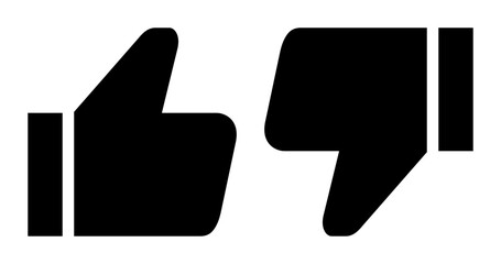 Set of thumb up and thumb down solid icons, black like and dislike symbols, buttons isolated on white