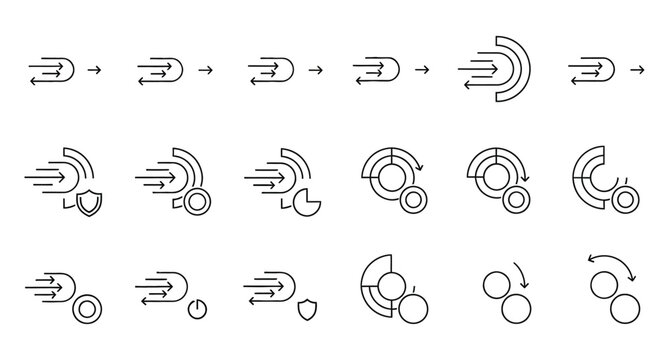 Data flow and circular process diagrams line icons