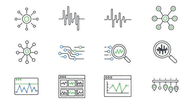 Data analytics and dashboard monitoring line icons set