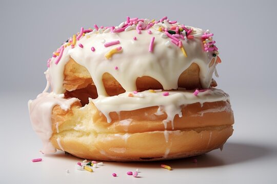 Two cronuts stacked with white frosting and scattered sprinkles on a plain background