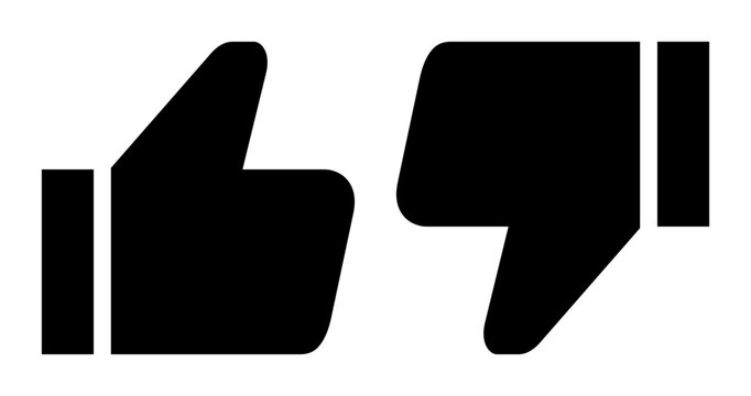 Set of thumb up and thumb down solid icons, black like and dislike symbols, buttons isolated on white