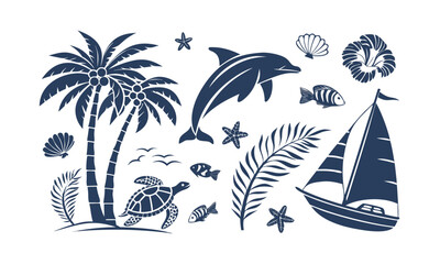 Monochrome blue tropical and ocean flat icon set vector illustration, easily editable.