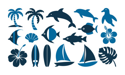 Blue ocean life icons flat tropical vector illustration, easily editable.

