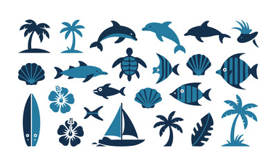 Tropical beach and marine icons blue flat vector set
 illustration, easily editable.