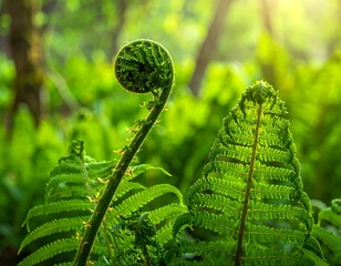 Sunlit fern fronds unfurl in a lush, green forest, showcasing intricate patterns in dappled light