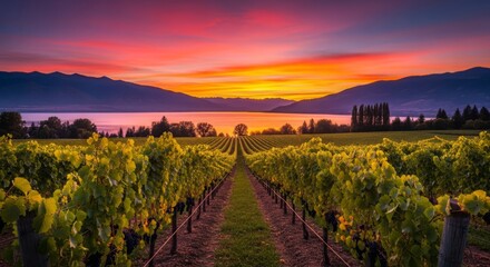 Fototapeta premium Vibrant Sunset Over Lush Vineyard with Lake and Mountains in Background.