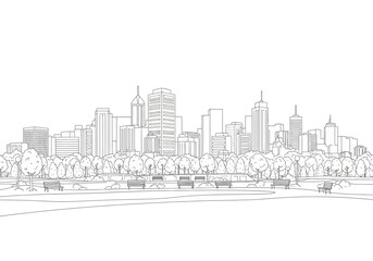 Obraz premium Cityscape Outline with Park: Urban Skyline Drawing
