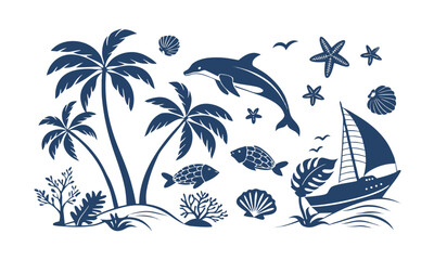 Blue tropical ocean icon set flat vector illustration, easily editable.
