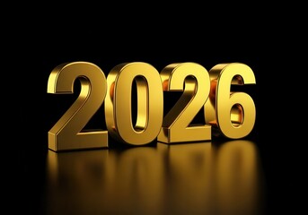 Three dimensional numerals representing the year two thousand twenty six glow in brilliant gold against a dark background