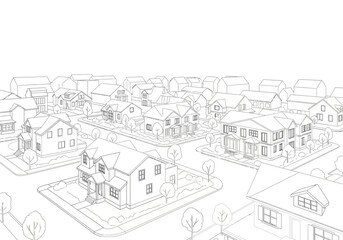 Obraz premium Line Art Illustration of a Suburban Neighborhood with Houses and Trees