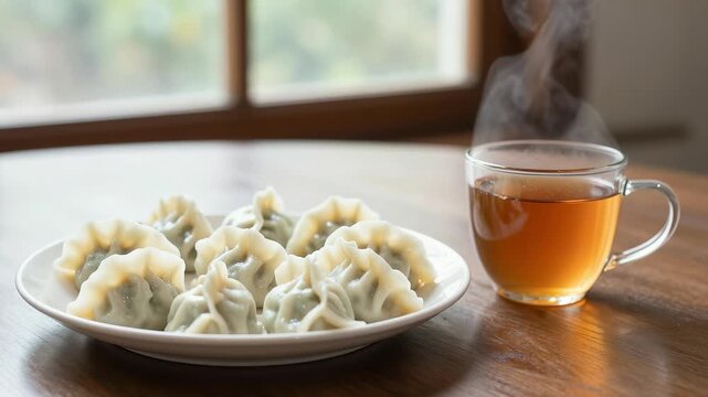 Steaming dumplings and tea served on a wooden table