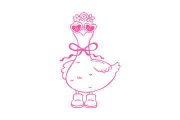 Obraz premium Spring goose clipart cute pink line art illustration of a princess goose wearing a crown and heartshaped glasses, tied with a bow