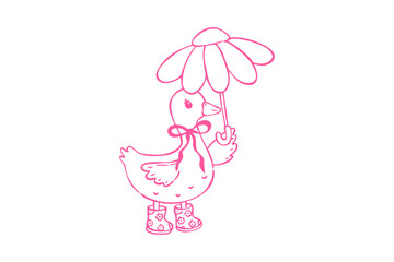 Spring goose clipart cute cartoon duckling holding a daisy flower as an umbrella, handdrawn sketch in pink outline
