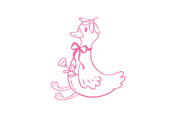 Spring goose clipart cute pink line art drawing of a sitting duckling wearing a bow and holding a small flower © Lemon