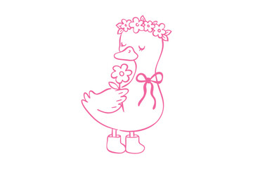 Spring goose clipart cute pink line art duckling wearing a flower crown and holding a daisy, charming baby animal illustration for nursery decor or greeting cards © Lemon