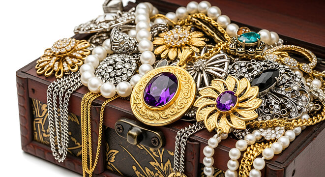 Vintage Treasure Chest Overflowing with Gold Jewelry, Pearls, and Gemstone Brooches