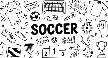 Soccer Doodle Vector Illustration – Football Icons, Medals, Trophy, and Team Sport Elements EPS © Rojob