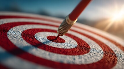 Close up of an arrow hitting the center red bullseye of a target against a blue sky background with a sun flare indicating success.