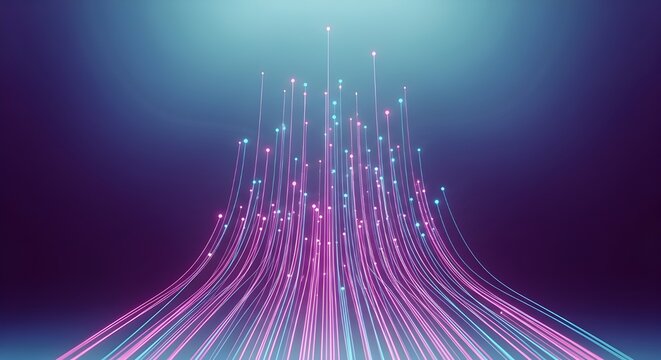 Abstract digital data flow with glowing blue and purple fiber optic light trails on a dark background, representing high-speed internet, 5G connectivity, and AI cloud infrastructure