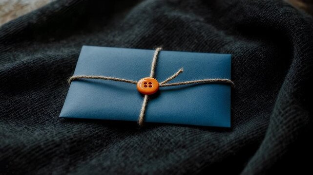 Elegant Blue Gift Package Tied With Twine and Button on Textured Fabric.