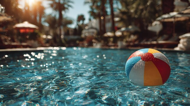 Colorful beach ball floating on a sparkling blue swimming pool with a sun flare and blurred green trees in the background for summer vibes.