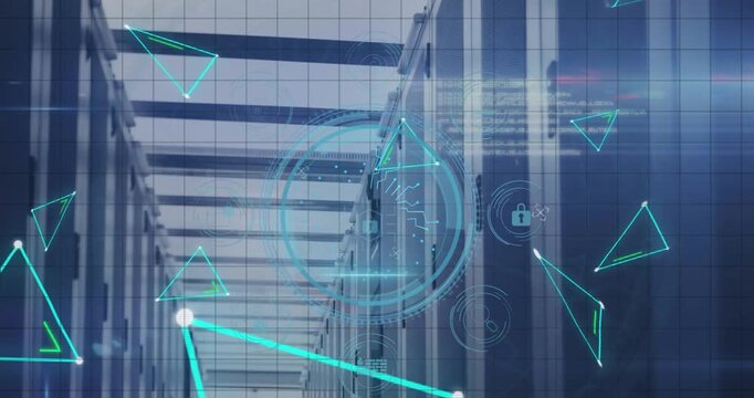 Animation of icons, triangles, computer language, padlock in circles over server room in background