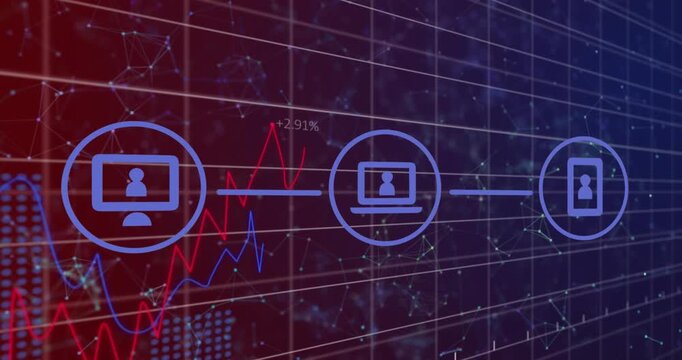 Animation of flowchart of icons over multiple graphs with changing numbers over connected dots