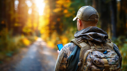 Fototapeta premium Faceless wildlife conservation professional patrolling national park, emphasizing wildlife protection efforts, habitat preservation, environmental enforcement, defocused woodland, 