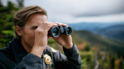 Faceless park conservation officer overseeing national protected area, environmental stewardship, habitat monitoring, wilderness protection, scenic vista, defocused landscape, with