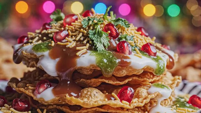 Delicious Indian Street Food Chaat Stacked Crispy Layers Topped With Yogurt Tamarind Sauce Pomegranate Seeds and Fresh Cilantro Garnishes with Colorful Bokeh Lights Background Macro Shot