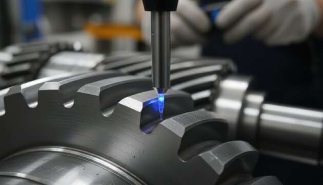Precision industrial gear being machined with a blue sparking tool, showcasing advanced manufacturing processes