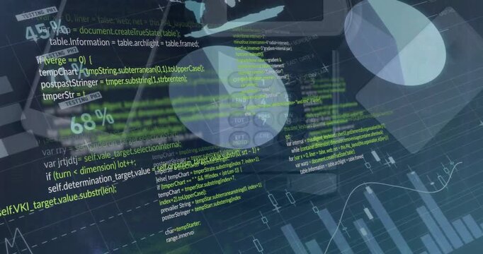 Animation of statistics and computer data processing over dark backgorund