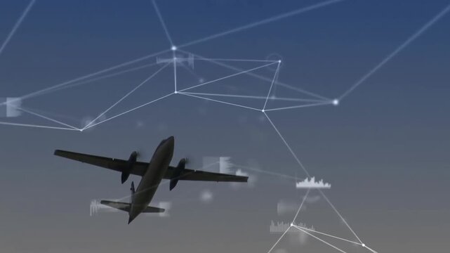 Airplane flying with network connections and data points animation over sky