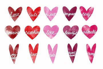 Watercolour set of hand drawn watercolour valentines, aquarelle illustration. Set of hand painted watercolor hearts. Valentine's day cards, postcards with inscriptions.