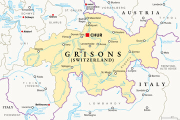Obraz premium Canton Grisons, Switzerland, political map with capital Chur. Largest and easternmost canton, and a major tourist destination, with numerous Alpine resort towns, notably Davos and St. Moritz. Vector