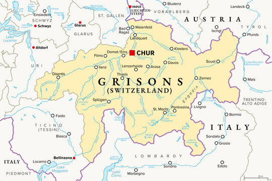 Canton Grisons, Switzerland, political map with capital Chur. Largest and easternmost canton, and a major tourist destination, with numerous Alpine resort towns, notably Davos and St. Moritz. Vector