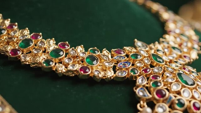 Elaborate Gold Necklace Adorned With Emeralds Rubies And Diamonds On A Deep Green Velvet Background With Soft Lighting Enhancing Its Intricate Design