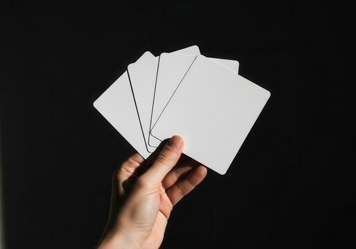 Hand holding a fan of blank white square cards against a dark background