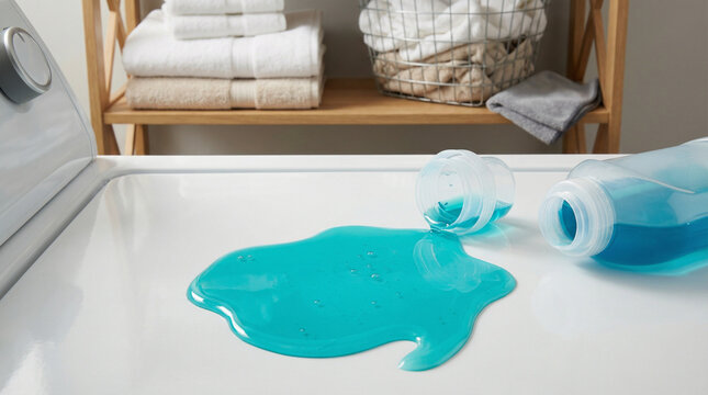 Spilled detergent on washing machine, photoreal, blue-white, cleanup