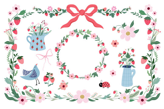 Spring strawberry collection with floral design, fresh fruit in garland, wreath and bouquets, coquette elements isolated on white