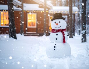 Fototapeta premium A snowman in a snowy forest with a house in the background