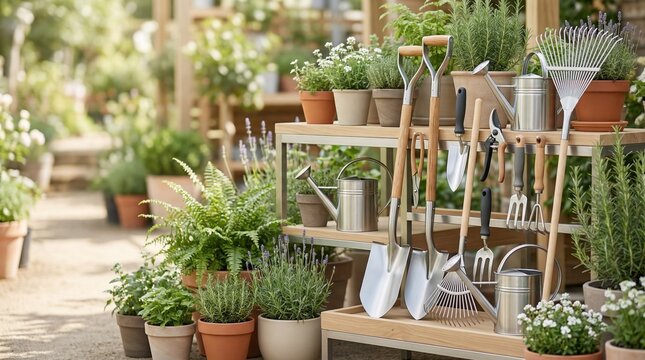 Garden tools and potted plants displayed on wooden shelves outdoors  